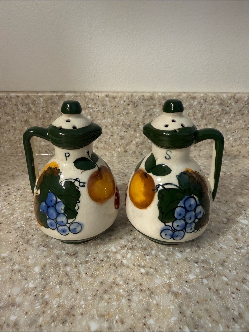 Hand-Painted Ceramic Fruit Salt & Pepper Set - Green Accents